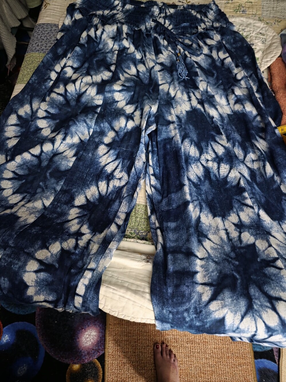 Tie-Dye Navy and White Wide Legs Pull ẞtring Adj Waist Med